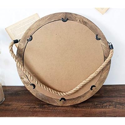 Funly mee 16.2 Inch Rustic Round Decorative Mirror with Solid Wood Frame&Rope Hanging,Farmhouse Antique Wall Decor (L) 519TwgKeggL