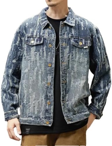 Men's Fall Large Size Jacquard Denim Jacket Men's Loose Ripped