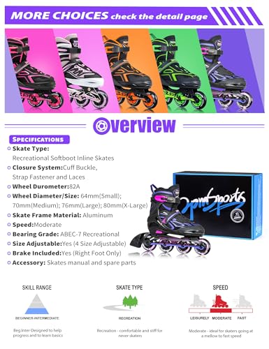 2PM Sports Adjustable Inline Skates for Girls and Boys Women Men, Sizes 30-33, 34-37, 38-41 and 42-44