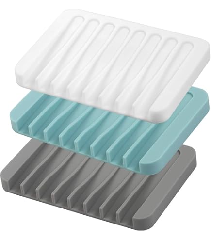 Ygapuzi Silicone Soap Dish With Drain (2-Pack) – Slanted Bar Soap Holder For Shower, Bathroom & Kitchen (White)