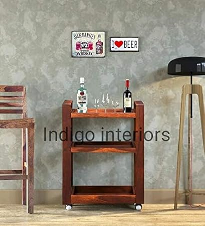 Indigo interiors Avian Solid Wood Bar and Serving Cart with Wheels- Industrial Style Rolling Storage Cabinet Trolley - Kitchen Bar Dining Room Tea Wine Rack with Wine and Bottle Holder