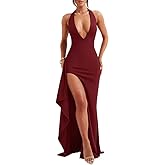 LAGSHIAN Women's Sexy Deep V Neck Halter High Split Backless Cocktail Party Formal Maxi Dress