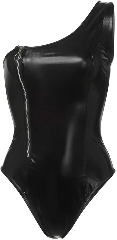 Women Lingerie, New Women Sexy Black Wet Look Faux Leather Teddy Zipper One Shoulder Lingerie