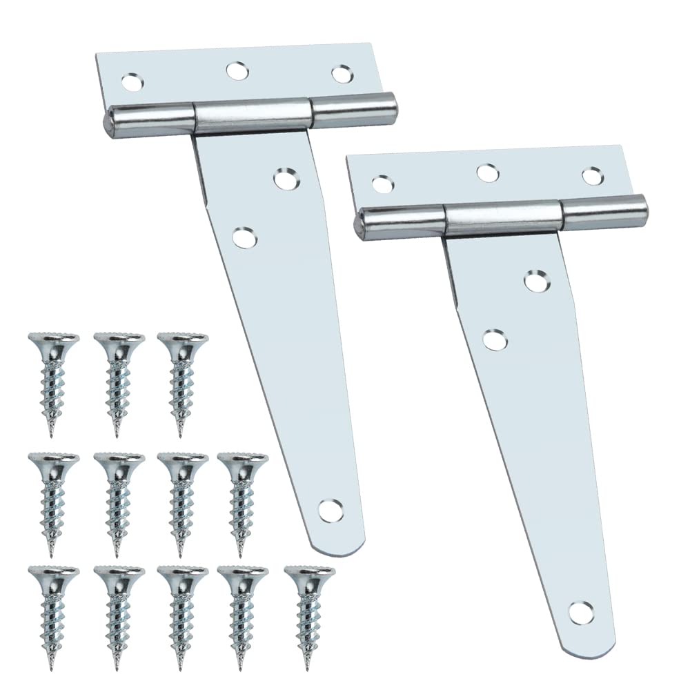YIXISI 2 PCS 4 Inch T-Shape Tee Hinges, Silver, Painted Steel, Surface Mount, 12 Holes, For Wooden Door, Gate, Windows, Fence, Sheds and Barn