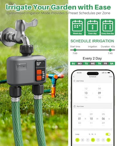 johgee 2 Way WiFi Irrigation Timer with RF 300M Technology, WiFi Irrigation Control, Compatible with Alexa & App, Watering Timer with 2 Modes & Rain Delay for Garden, Lawn