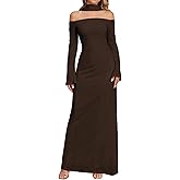 Elegant Off Shoulder Maxi Dress Long Sleeve with Attached Scarf Formal Evening Gown Flare Hem Party Dress for Women