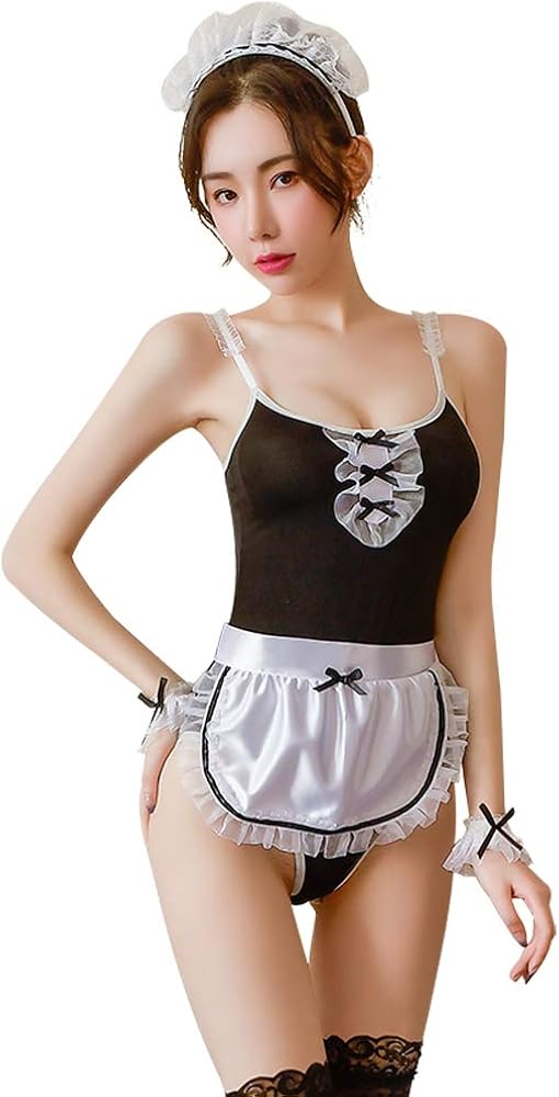 Maid Cosplay Lingerie Womens Lingerie Sexy Lace Nifty Apron Maid Outfit Cute, 7020black, One Size