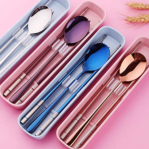 304Stainless Steel Chopsticks Spoon Fork Tableware Set with Portable Gift Box and Bag for Adult School Travel Picnic Cutlery Set - Thumbnail 2
