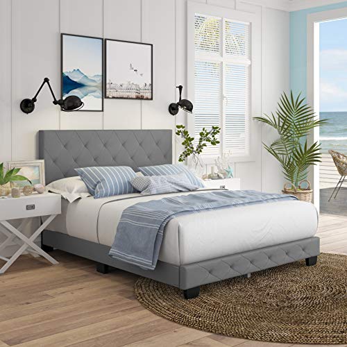 Boyd Sleep Chloe Gray Linen King Size Fully Upholstered Platform Bed Frame with…