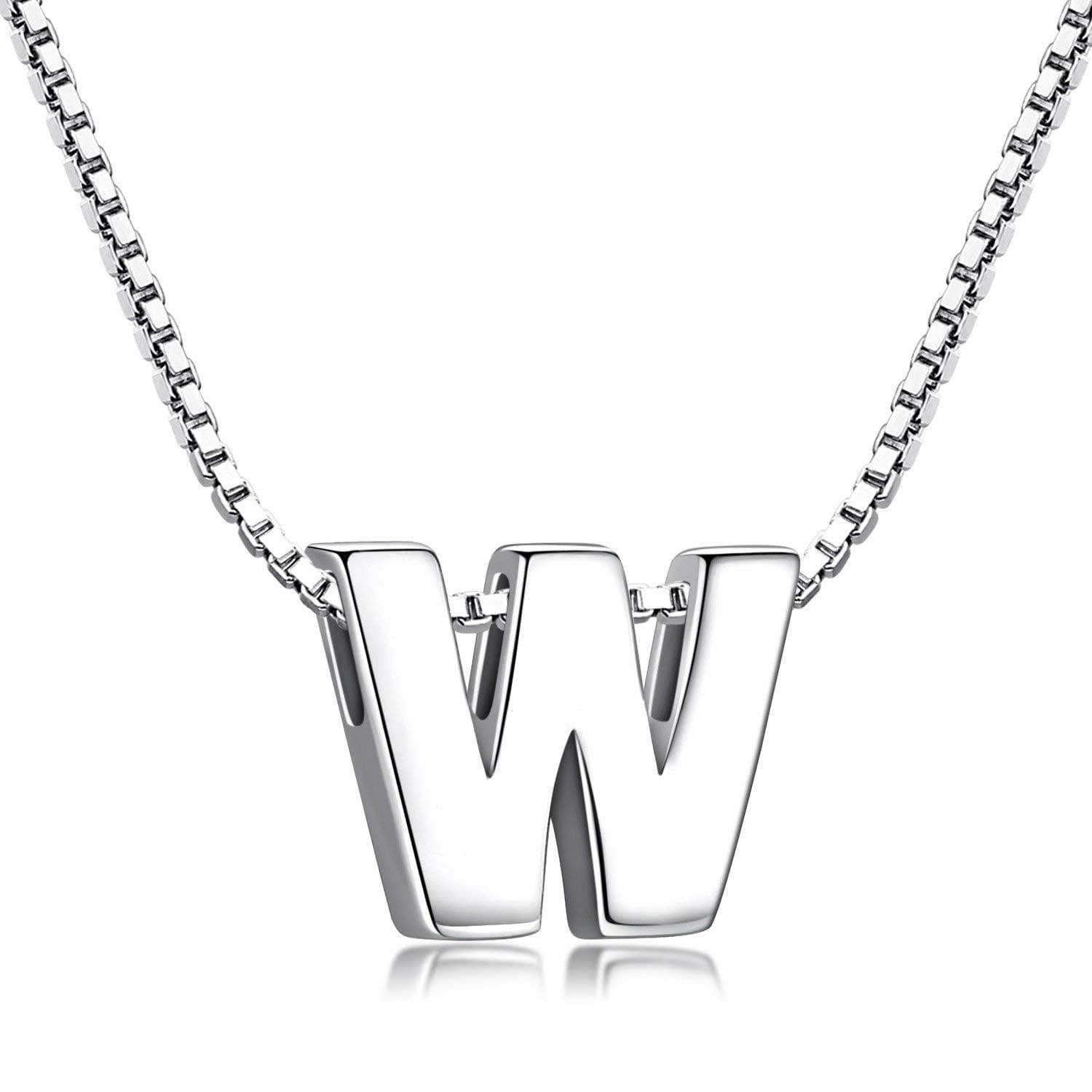 Candyfancy 1.0mm 18 inch 925 Sterling Silver 26 Small Letters Alphabet A-Z Initial Pendant Box Chain Necklace (W with Chain) — image 1