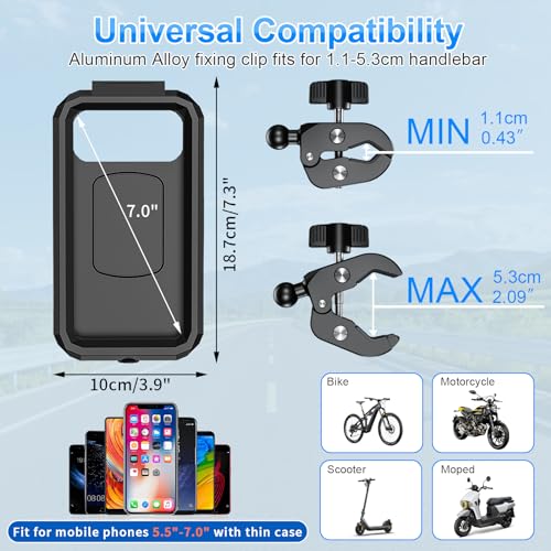 BTNEEU Universal Waterproof Motorcycle Phone Holder for Bike, Navigation Holder, Anti-Vibration, Mobile Phone Holder with 360° Rotation Touch Screen for 5.5 Inches-7.0 Inches Smartphone