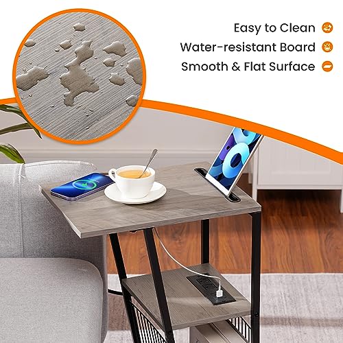 Heybly Side Table C Shaped Nightstand End Sofa Table with Charging