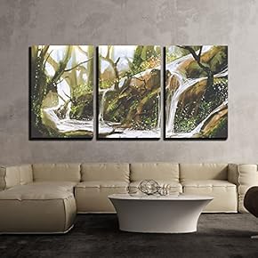 3 Piece Canvas Wall Art - Waterfall in Forest,Illustration Painting - Modern Home Art Stretched and Framed Ready to Hang - 16"x24"x3 Panels