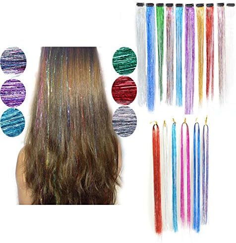 Dingli Hair 2pcs 100 Strands Synthetic Fibre Glitter Hair Tinsel Extensions (no clip, colorful)