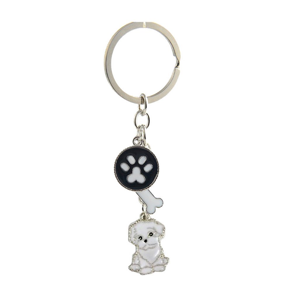 BbearT Dog Keychain, Cute Bichon Frise Keyring, Small Metal Keyfob Key tags, White, Unisex