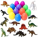 iBaseToy 12Pcs Easter Eggs for Kids, Surprise Eggs Filled with Dinosaur for Easter Basket, Plastic Mini Dinosaur Egg Easter Party Favors for Boys and Girls