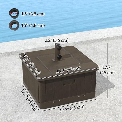 Outsunny 3-in-1 Outdoor Umbrella Base, Coffee End Table, Flower Box Planter with Drain Hole, Square Plastic 176lb Sand Fillable Patio Umbrella Stand Table w/Wheels, Handles, Brown