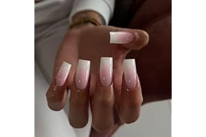 KQueenest Ombre Pink Press on Nails Long Square Shaped Gradient French Fake Nails Press Ons, Natural Gel Square Tips - 24 Pcs Coffin Acrylic False Nails Set for Women Daily Wear
