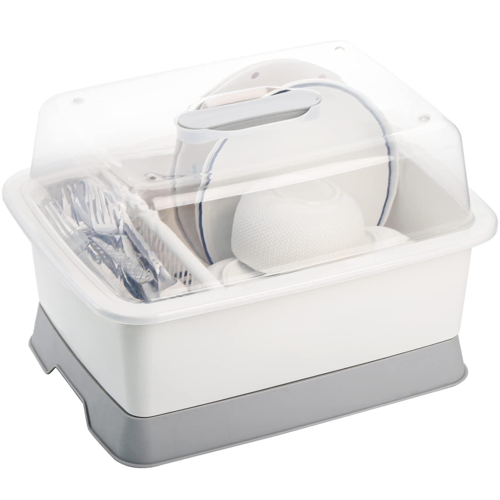 Photo 1 of Lyellfe Plastic Dish Drying Rack, Bottle Dryer Holder with Cover Lid and Removable Drainboard, White Utensil and Cup Holder 
