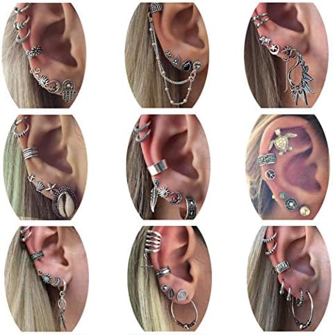 9 Boho Crawler Cuff Bar Earrings Sets Feather Cross Star Stud Vine Tribal Charm Hoop Earring Vintage Punk Style Jewelry for Girl Women