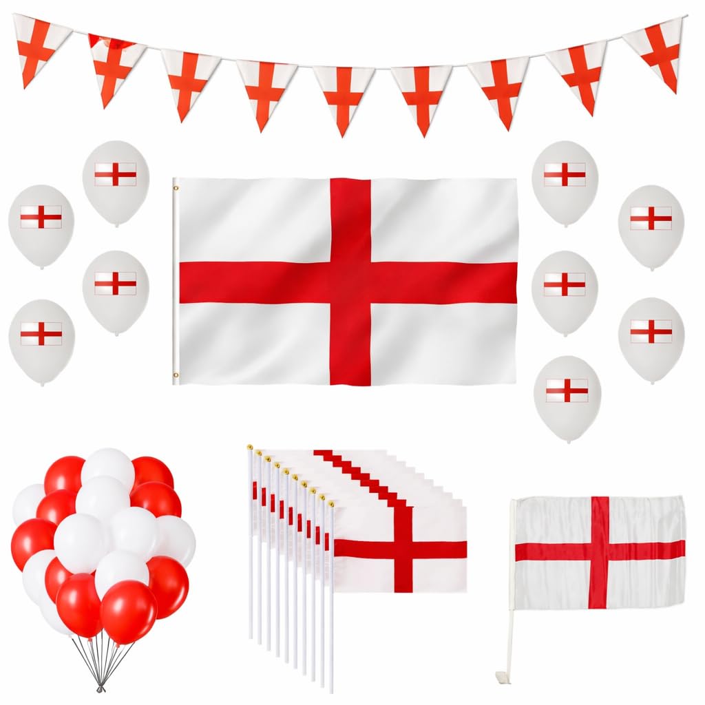 53PCS England St George Party Pack - Flags, Bunting, Balloons, Hand Flags For Euro Cup FIFA World Cup St Georges Day Party Decoration Garden Bar Restaurant Indoor Outdoor Football Fan