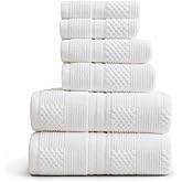 Springtree Home 100% Cotton Bathroom Towel Set | 6 Piece Set - White Towels | Geometric Textured Design | Absorbent & Quick-Dry | Oeko-TEX® Standard 100 Cotton | Myla Collection - White