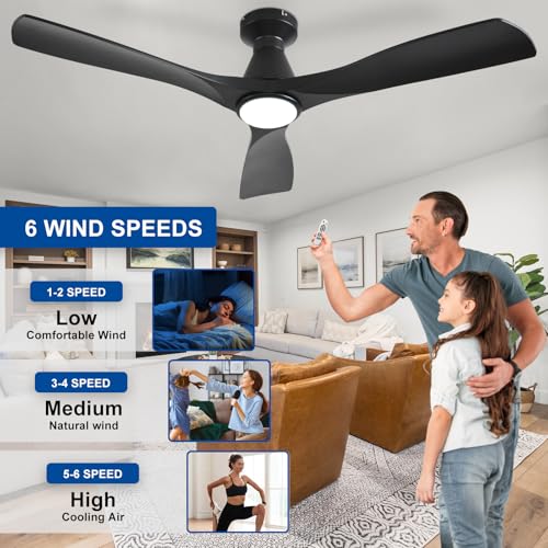 Depuley 52 Inch Ceiling Fans with Lights: Low Profile Recessed Black Ceiling Fan - Silent and Dimmable DC Motor Fan with Remote Control APP Timer