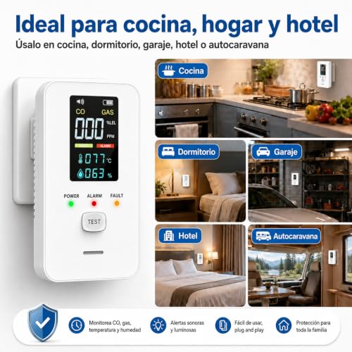 Detector de Gas y Monóxido de Carbono 6 en 1, Alarma Enchufable para Gas LP y Gas Natural, Detector de CO con Temperatura y Humedad, Alarma Sonora de 85 dB y Pantalla LCD, para Cocina, Hogar y Hotel