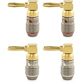 Nakamichi FanLock Excel Series 24k Gold Plated Right-Angle Banana Plug 10 AWG - 18 AWG Gauge Size 4mm for Speakers Amplifier Hi-Fi Home Theatre Wire Cable 90 Degree Quick Connector, 4 Pcs (2-Pairs)