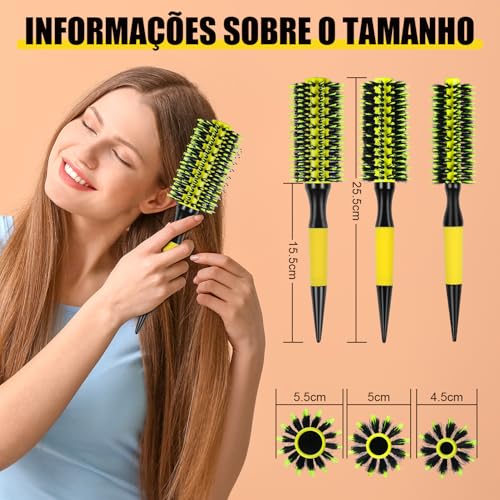 Kit 3 Escovas de Cabelo Profissionais 45mm 50mm 55mm, Cerdas de Javali e Nylon, para Todos os Tipos de Cabelo, Ideal para Modelagem, Volume e Redução de Frizz