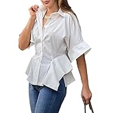 UOOZEE Women's Half Sleeve Collar V Neck Button Down Shirts Asymmetrical Hem Ruffle Loose Casual Cotton Tops Blouse