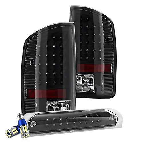 [Full SMD LED Reverse Bulbs] – [3-Piece Rear End Bundle] VIPMotoZ 2007-2008 Dodge RAM 1500 2500 3500 LED Tail Lights & Third Brake Lamp – Matte Black Housing, Driver and Passenger Side