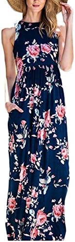 Women's Sleeveless pockets Maxi Dress Vintage Floral Print Casual Long Tunic Dresses GABREBI (Navy Blue S)