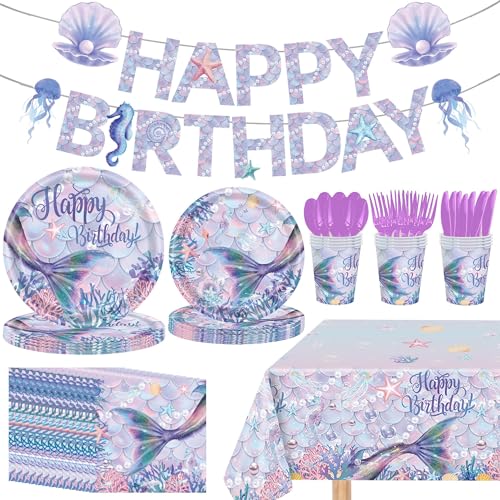 Kastwave 118Pcs Mermaid Birthday Party Supplies Decorations Set Includes Plates, Napkin, Fork, Cup, Tablecloth, Banner For Baby Shower Ocean Decorations, Serves 16