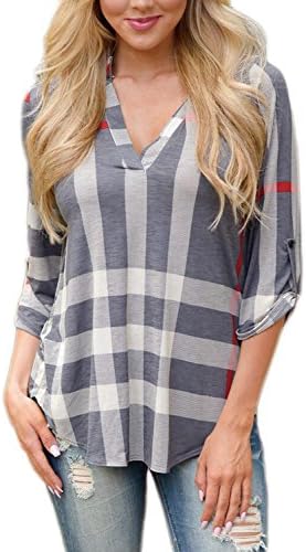Mansy Women's Casual 2/3 Sleeve V-Neck Plaid Shirts Pullover Top