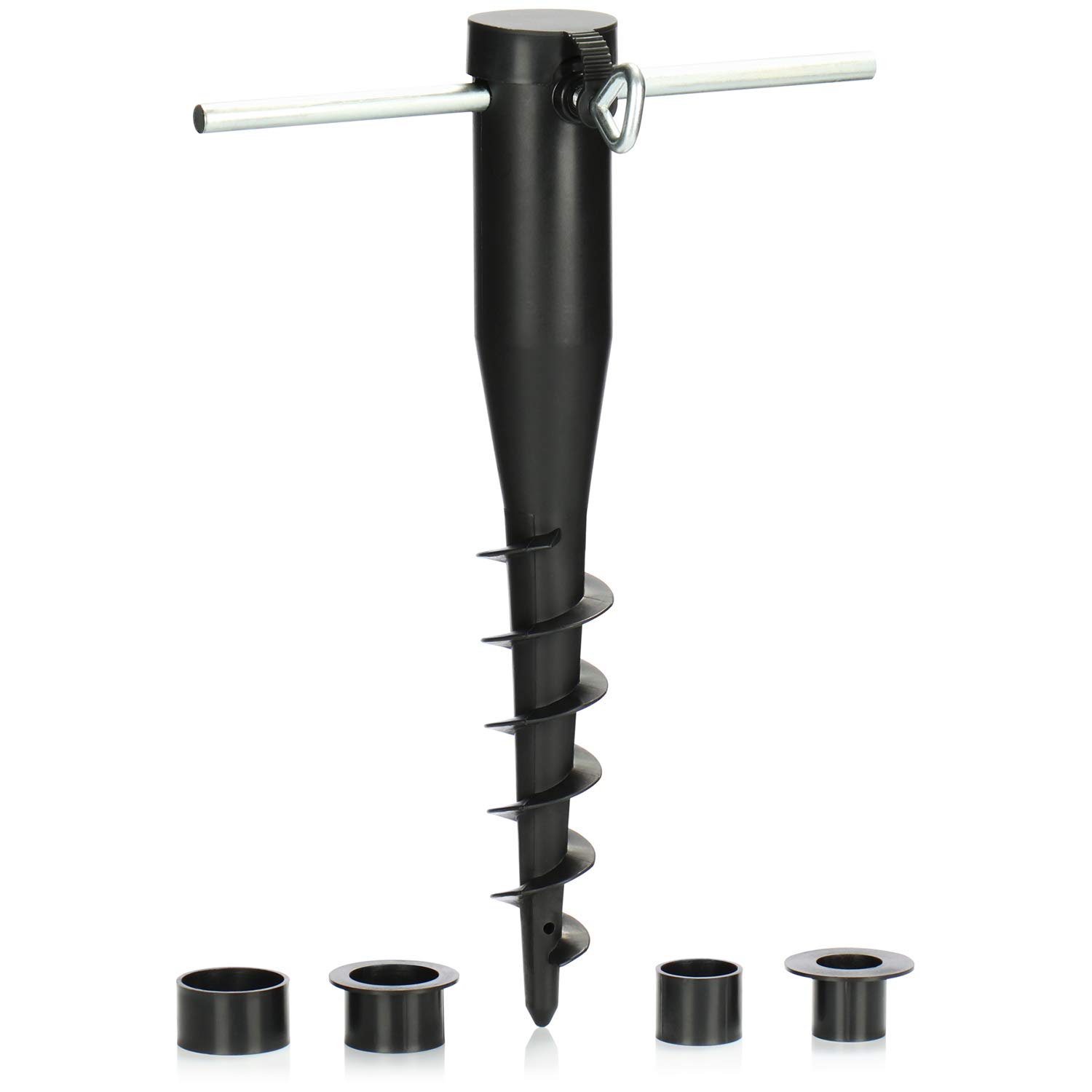 com-four® parasol holder made of plastic - ground socket for the garden - base for parasols - parasol stand with screw-in rod - ground spike with a pole diameter of 25-45 mm (black)