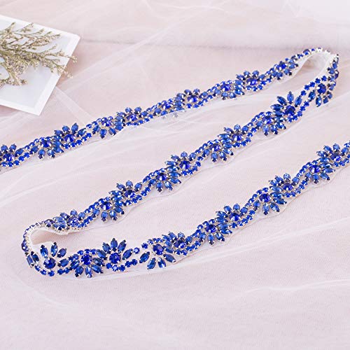 Something Blue Bridal Applique, FANGZHIDI 1 Yard Rhinestone Applique for Wedding Belt Sash- The Ribbon was NOT Attached to The Applique (026- Blue)