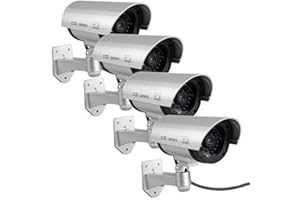 F FINDERS&CO Fake Cameras for Outdoor, Dummy Camera CCTV Surveillance System with Realistic Red Blinking Lights and Warning Sticker for Home Businesses (4, Silver)