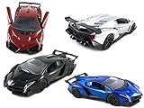 HCK Set of 4 2017 Lambo Veneno - Pull Back Toy Cars 1:32 Scale (Red, Black, Silver, Blue)