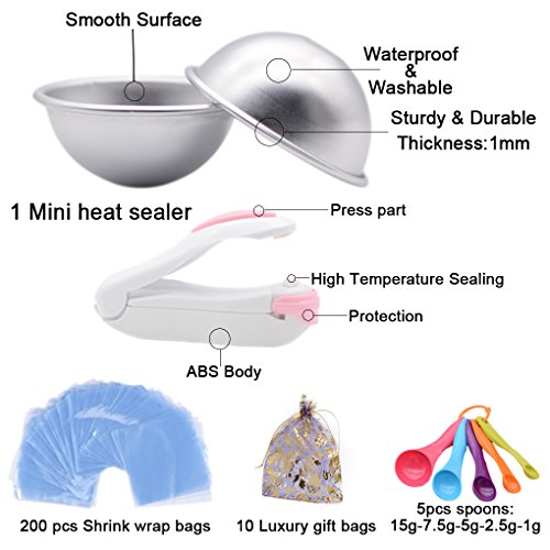 Bath Bomb Mold Set 228 Pieces - 200 Packs Shrink Wrap Bags,12 Pieces of DIY Metal Mould,Spoons,Gift Bags,Mini Heat Sealer (Instruction Included)