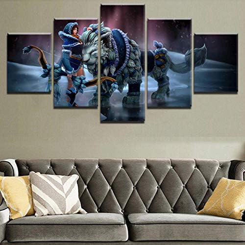 superljl 5 Panel Bow DotA 2 Fantasy Girl Mirana Pet Lion Game Woman Warrior Poster Wall Art Canvas Print Pictures Home Decor Artwork