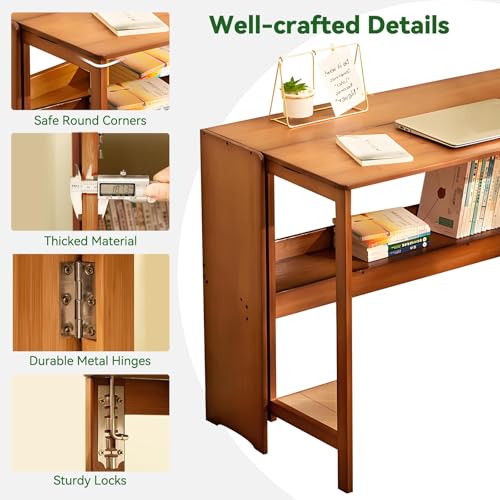 Bamboo Folding Desk Mid Century Modern Desk for Home Office Bedroom Small Spaces, Brown，40.55"/103cm Long Desktop