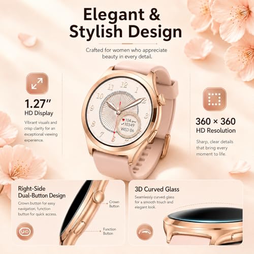 Women's Smart Watch with Bluetooth Calls, 1.27 Inch Smartwatch with Pedometer/Heart Rate Monitor/Sleep Monitor, 100+ Sports Modes Smart Watch, IP68 Activity Bracelet for Android iOS, Rose Gold