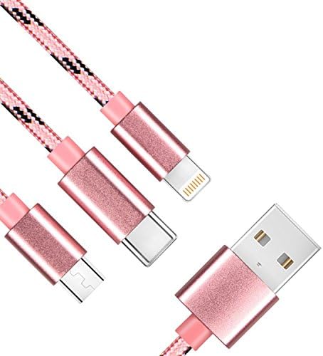 Nylon Braided Fast Charging Cable, USB to Type C/Lightning/Micro 3 in 1 Multiple 3A USB Fast Charging Cable for iPhone X/8 8 plus/7 7 plus/iPad/Macbook/Galaxy S8 plus-Rose Gold