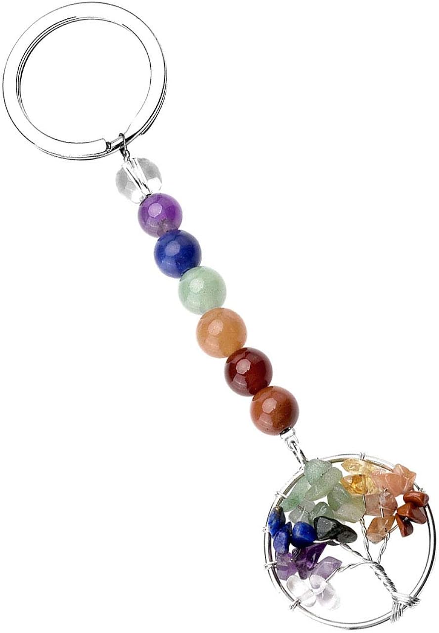 PESOENTH 7 Chakra Gemstone Bead Wire Wrapped Tree of Life Crystal Healing Pendant Keychain Keyring for Women Girls