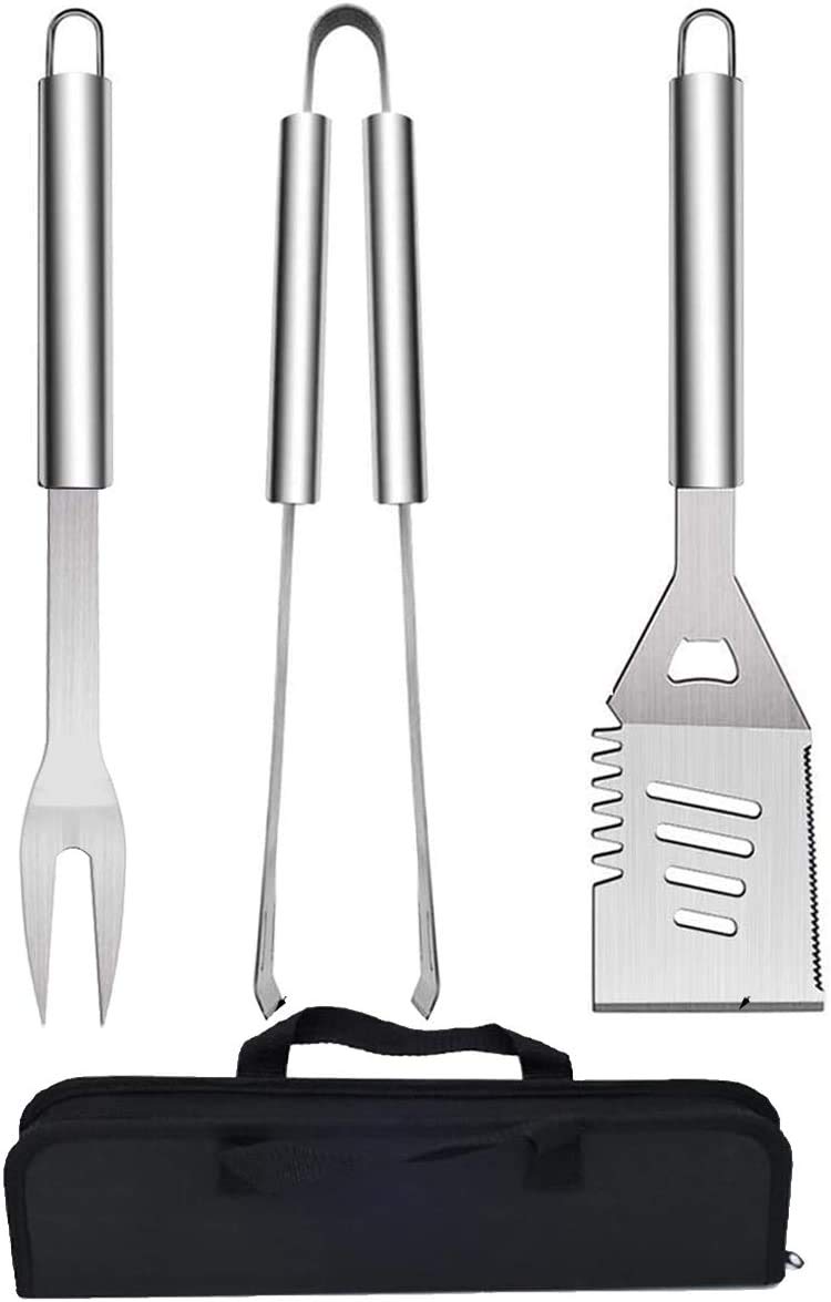 QH7 3Pack BBQ Barbecue Tool Set, Stainless Steel Outdoor Barbecue Grill Utensils Set with Storage Bags for Picnics