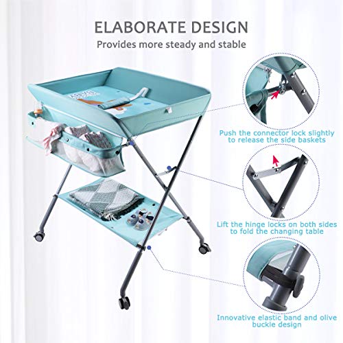 EGREE Baby Portable Folding Diaper Changing Station with Wheels, Adjustable Height Mobile