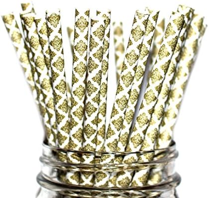Paper Straws- Vintage- Gold Damask Party Disposable Straws (100 Straws)