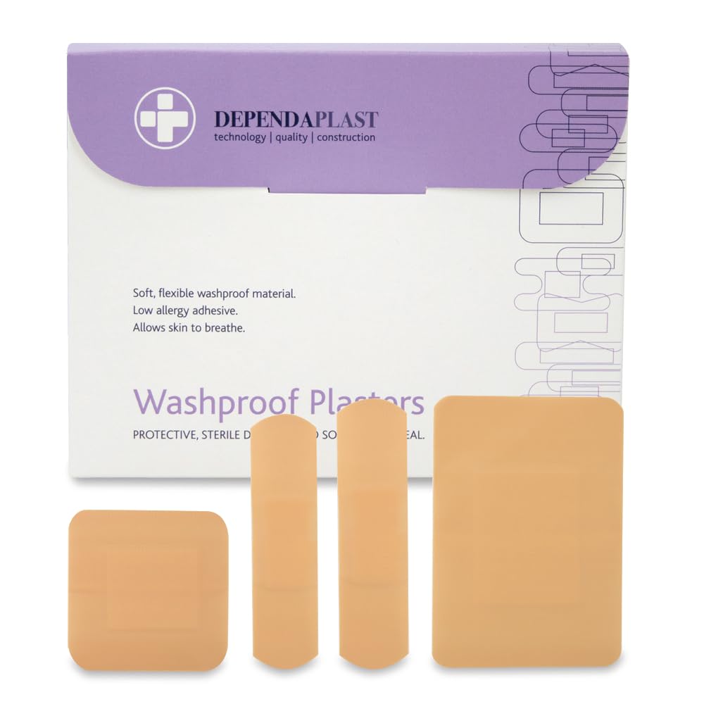 Dependaplast Washproof Plasters Assorted, Flexible PU Plastic Film, Secure Adhesive, Breathable, Waterproof - Box of 100