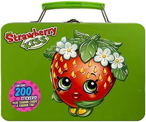 SHOPKINS STRAWBERRY KISS LUNCH BOX TIN (10) STICKERS, 2 Card Packs- FASHION TAG
